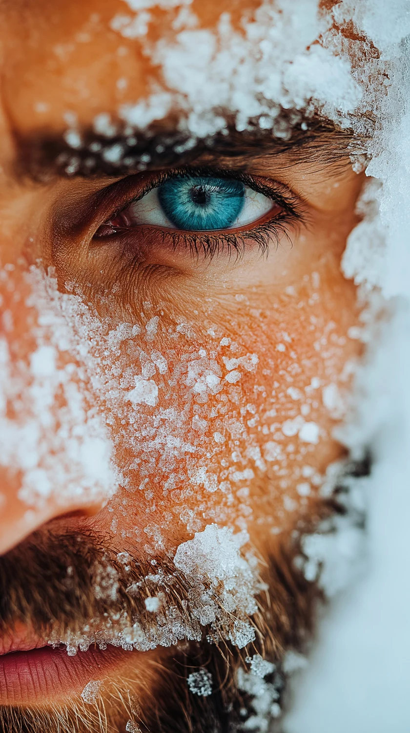 Eiskristalle auf einem Gesicht mit klarem blauem Auge – Symbolmotiv für die Kraft der Kälte